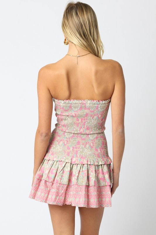 Kurstine Strapless Floral Smocked Tiered Mini Dress