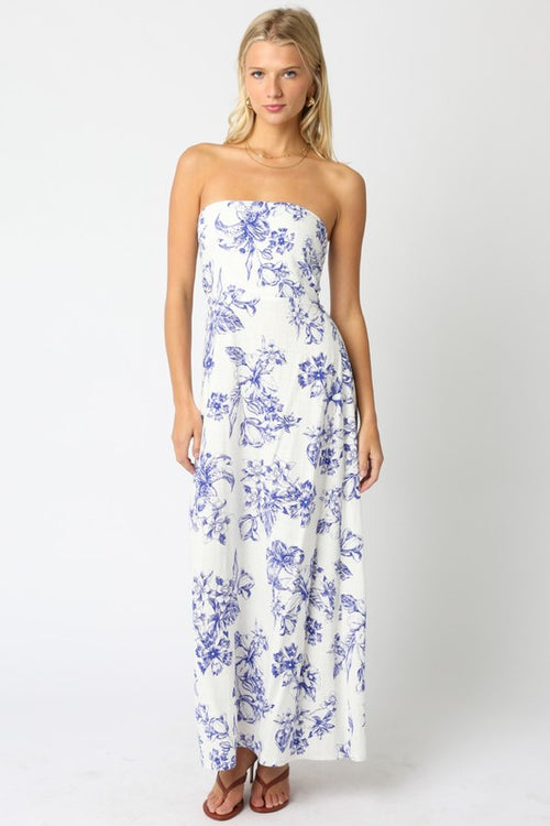 Aaliyah Strapless Floral Maxi Dress - Blue/White