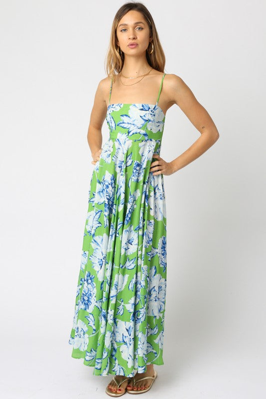 Shila Satin Square Neck Color Block Maxi Dress - Green/Blue/White