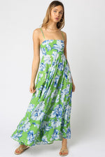 Shila Satin Square Neck Color Block Maxi Dress - Green/Blue/White