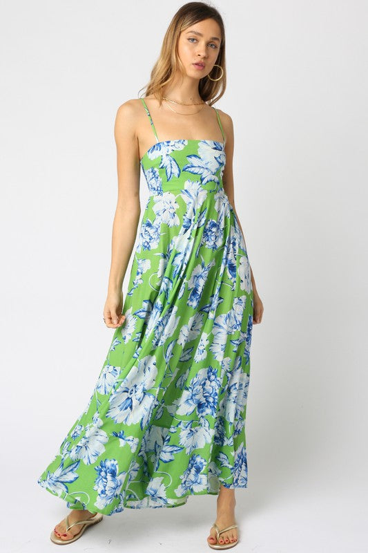 Shila Satin Square Neck Color Block Maxi Dress - Green/Blue/White