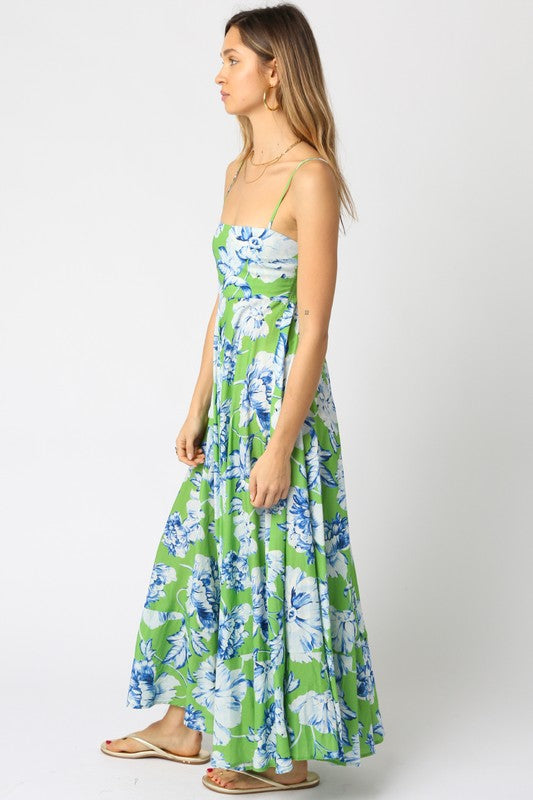 Shila Satin Square Neck Color Block Maxi Dress - Green/Blue/White