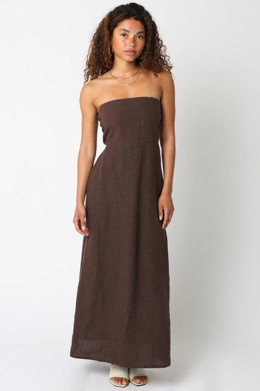 brown linen strapless dress Aaliyah Strapless Linen Maxi Dress - Brown / BEST SELLER