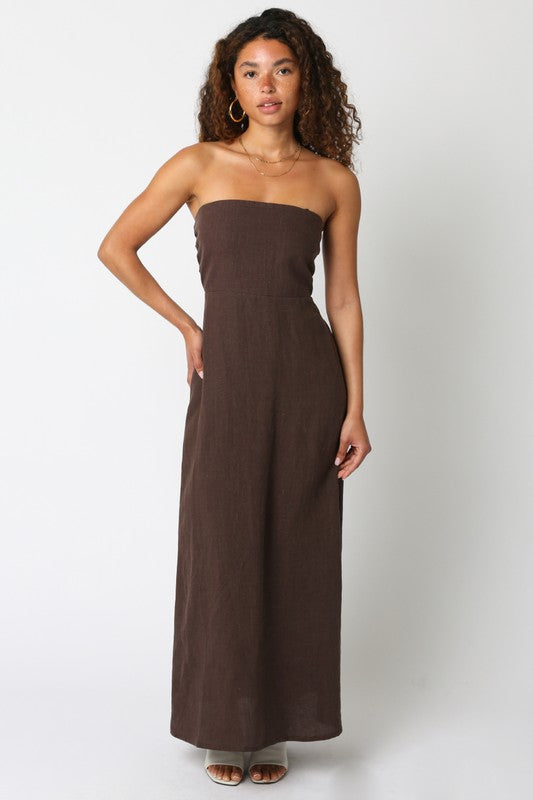 Aaliyah Strapless Linen Maxi Dress - Brown / BEST SELLER