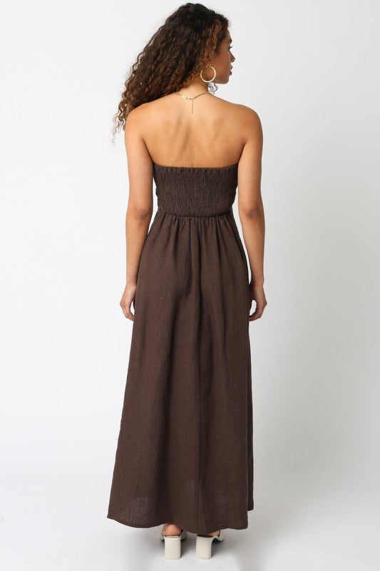 Aaliyah Strapless Linen Maxi Dress - Brown / BEST SELLER