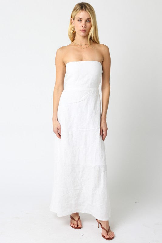 white strapless linen maxi dress Mackenzie in White Linen