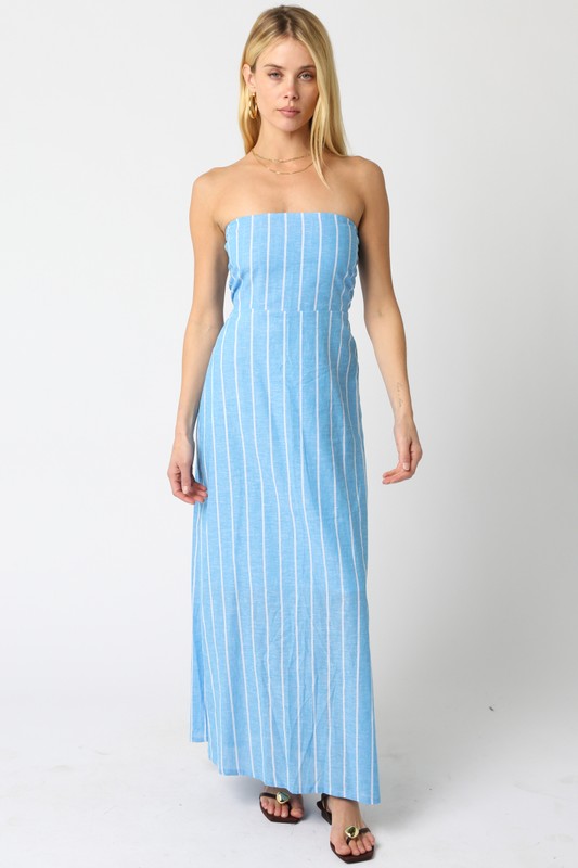 Aaliyah Strapless Stripe Maxi Dress - Blue/White