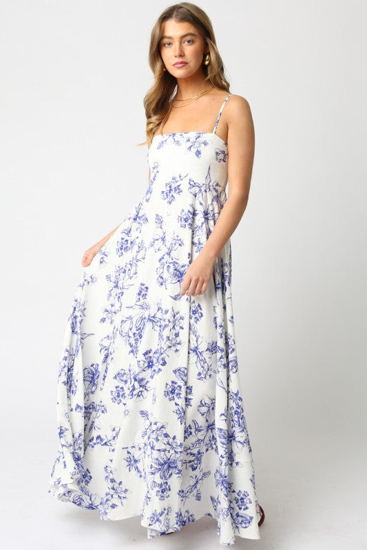 Shila Linen Floral Square Neck Maxi Dress - Blue/White