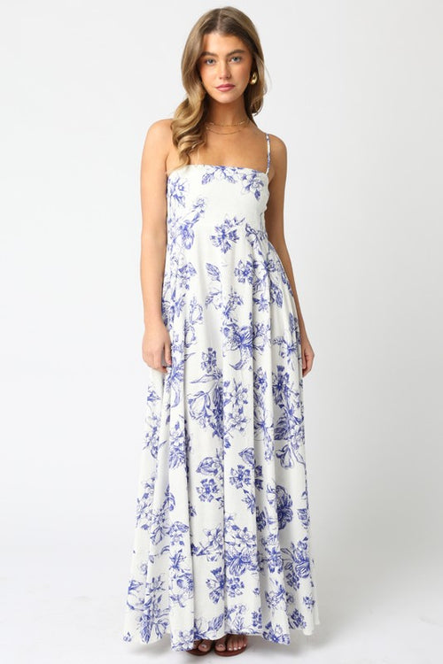 Shila Linen Floral Square Neck Maxi Dress - Blue/White