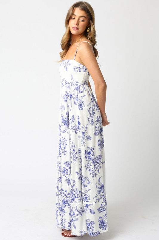 Shila Linen Floral Square Neck Maxi Dress - Blue/White