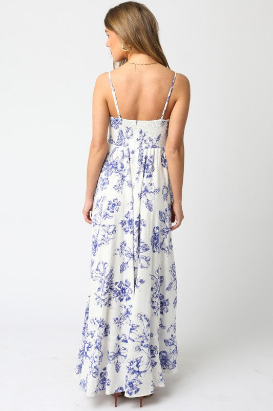 Shila Linen Floral Square Neck Maxi Dress - Blue/White