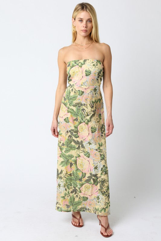 Aaliyah Strapless Linen Maxi Dress - Green Floral