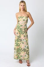 Aaliyah Strapless Linen Maxi Dress - Green Floral