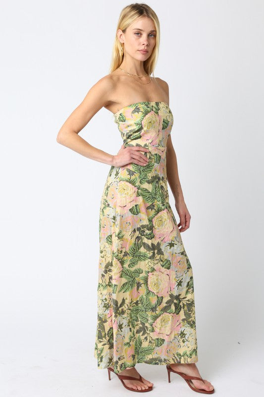 Aaliyah Strapless Linen Maxi Dress - Green Floral