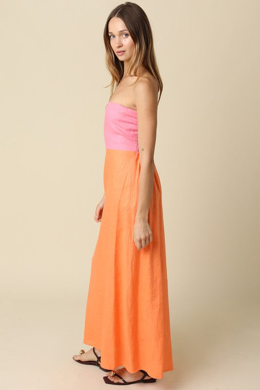Aaliyah Strapless Linen Color Block Maxi Dress
