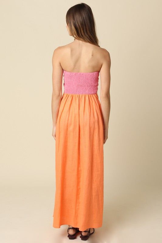 Aaliyah Strapless Linen Color Block Maxi Dress