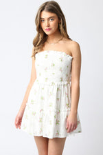 Lorry Eyelet Floral Strapless Tie Back Smocked Mini Dress - White Pink