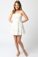 Lorry Eyelet Floral Strapless Tie Back Smocked Mini Dress - White Pink