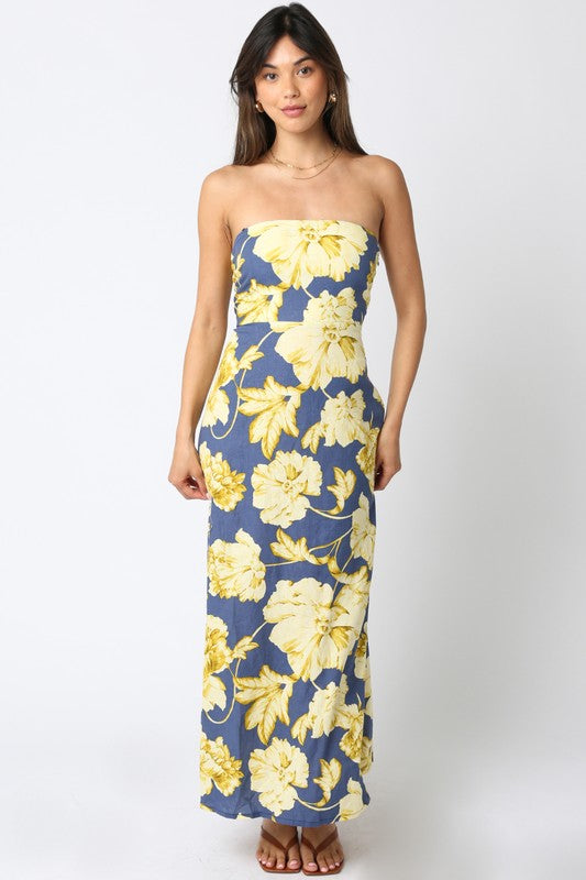 Aaliyah Strapless Floral Maxi Dress - Navy/Butter
