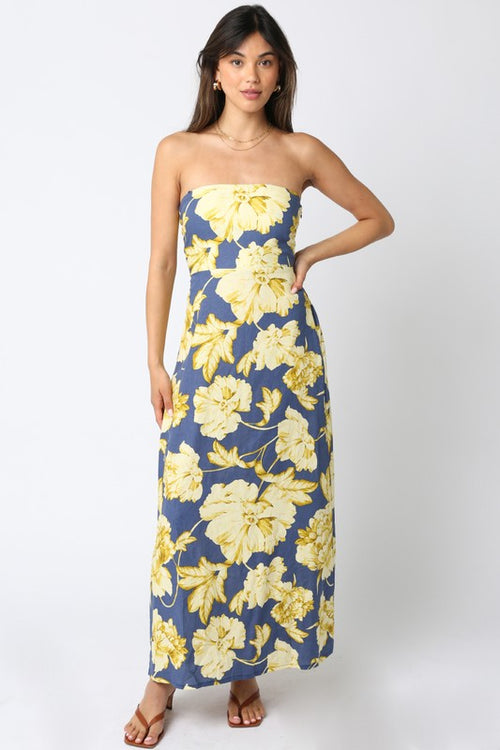 Aaliyah Strapless Floral Maxi Dress - Navy/Butter