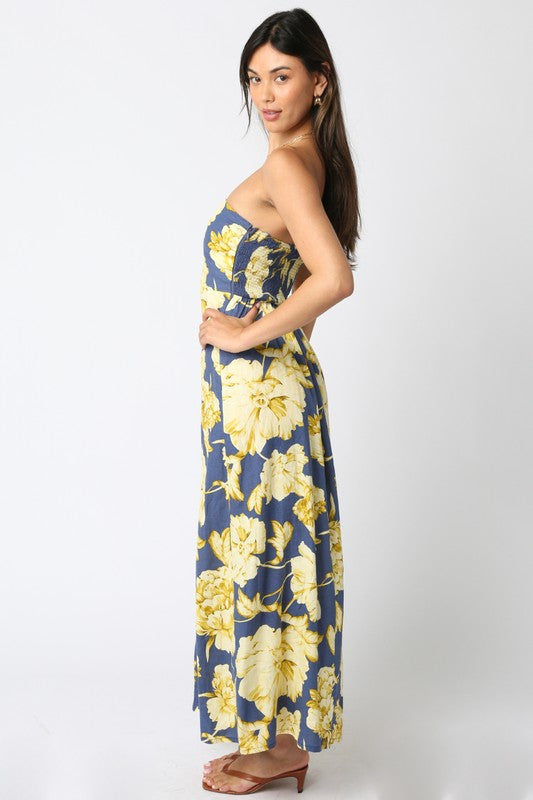 Aaliyah Strapless Floral Maxi Dress - Navy/Butter