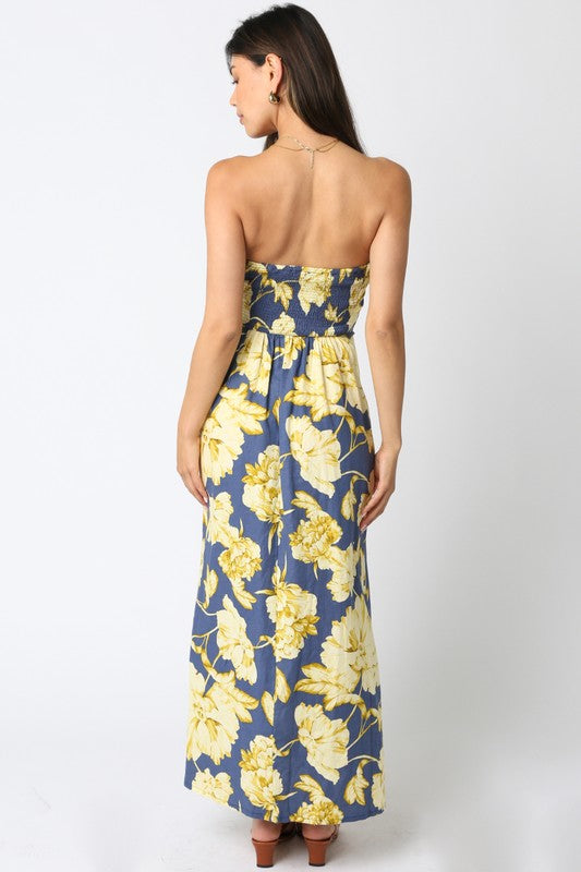 Aaliyah Strapless Floral Maxi Dress - Navy/Butter