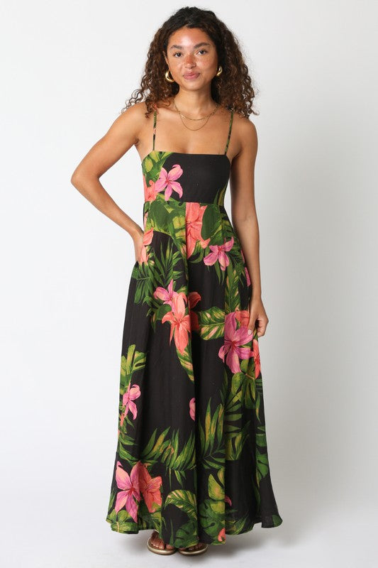 Shila Floral Square Neck Maxi Dress - Black/Green/Pink