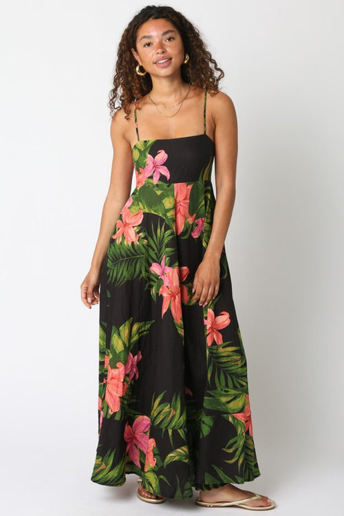 Shila Floral Square Neck Maxi Dress - Black/Green/Pink