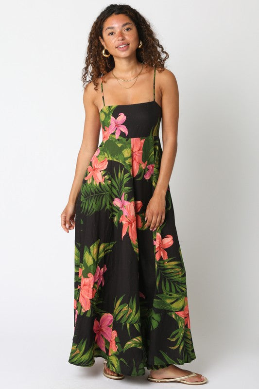 Shila Floral Square Neck Maxi Dress - Black/Green/Pink
