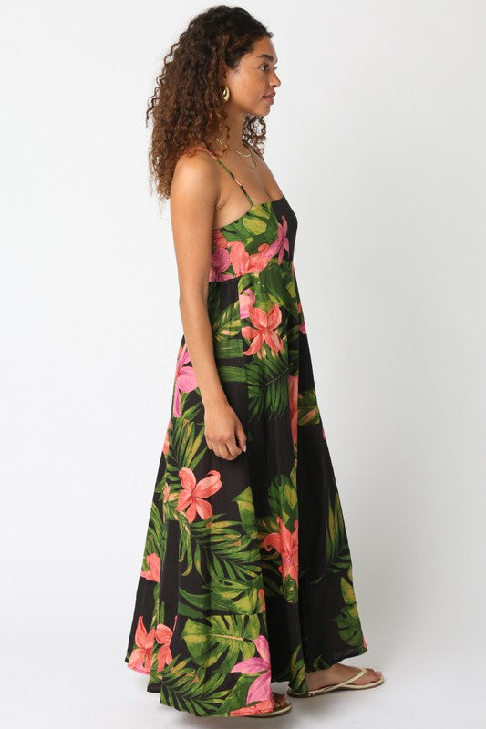 Shila Floral Square Neck Maxi Dress - Black/Green/Pink