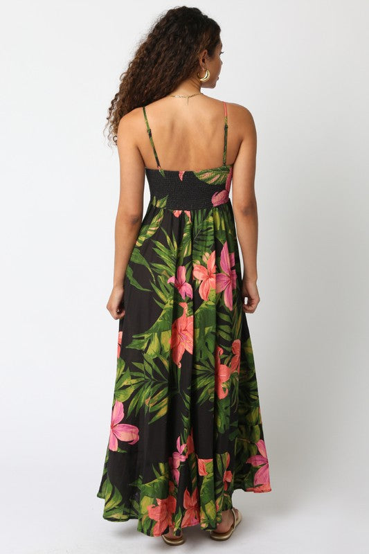 Shila Floral Square Neck Maxi Dress - Black/Green/Pink