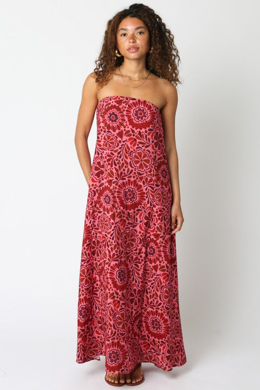 Margret Strapless Floral Paisley Print Maxi Dress