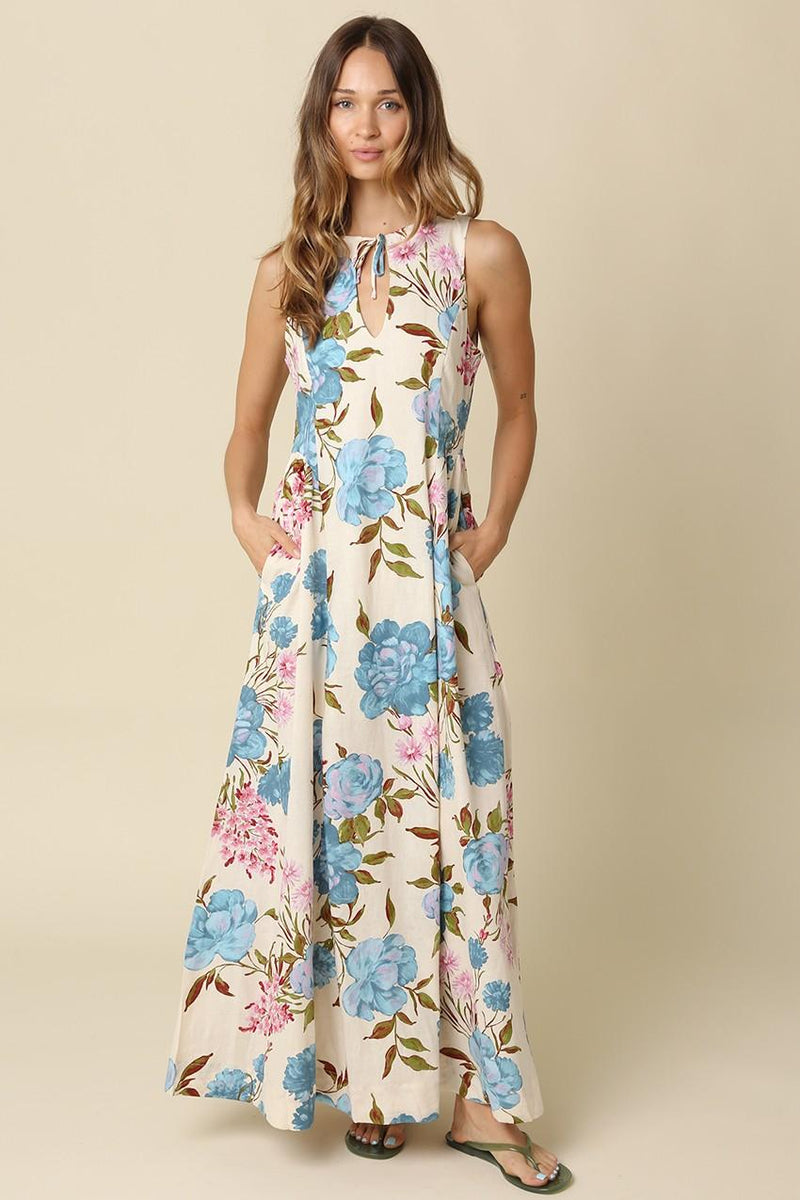 Bri Floral Linen Sleeveless Tie Front Cut Out Maxi Dress – Girls Will Be Girls