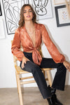 Giovanna Collared Long Sleeve Front Tie Top - Brick
