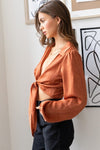 Giovanna Collared Long Sleeve Front Tie Top - Brick