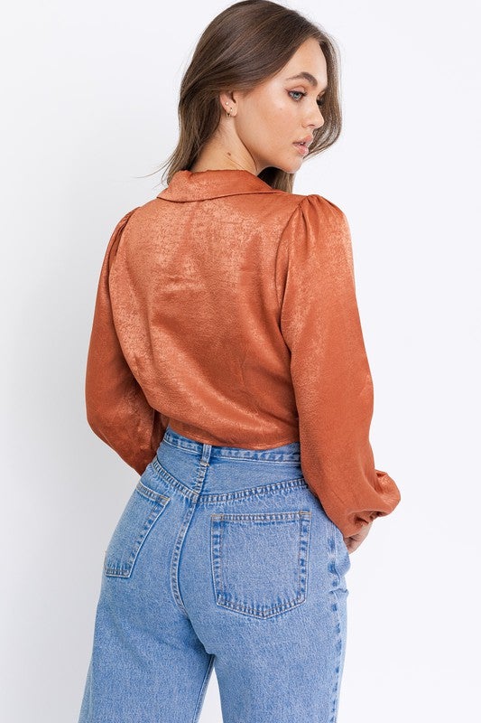 Giovanna Collared Long Sleeve Front Tie Top - Brick