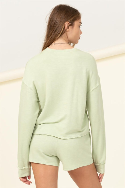 Abbeline Comfy Long Sleeve Top And Drawstring Short Set - Pastel Green