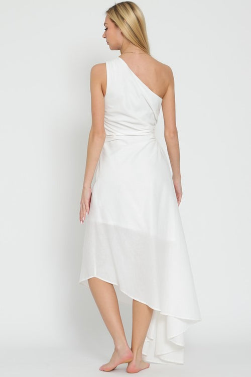 Malania Linen One Shoulder Pleated Midi Dress - White