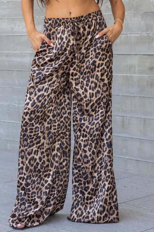 Zoe Satin Leopard Print Wide Leg Pants