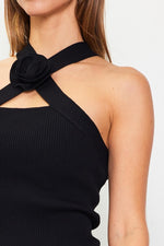 Quinn Rosette Detail Knit Halter Top - Black