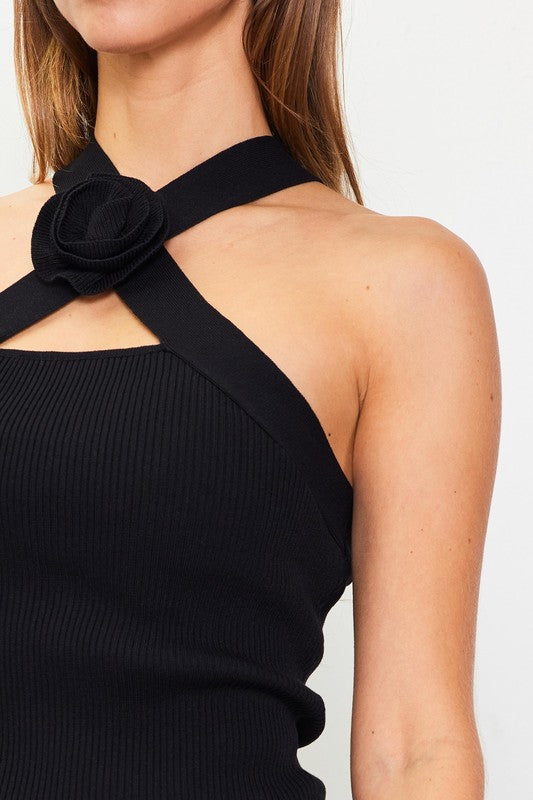 Quinn Rosette Detail Knit Halter Top - Black