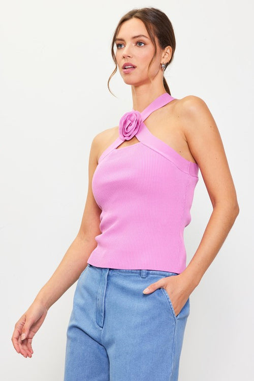 Quinn Rosette Detail Knit Halter Top - Pink