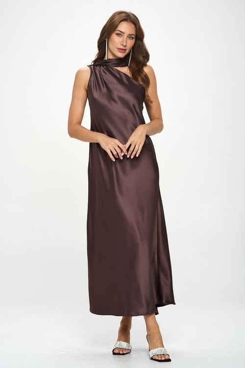 Kairi One Shoulder Satin Maxi Dress - Brown