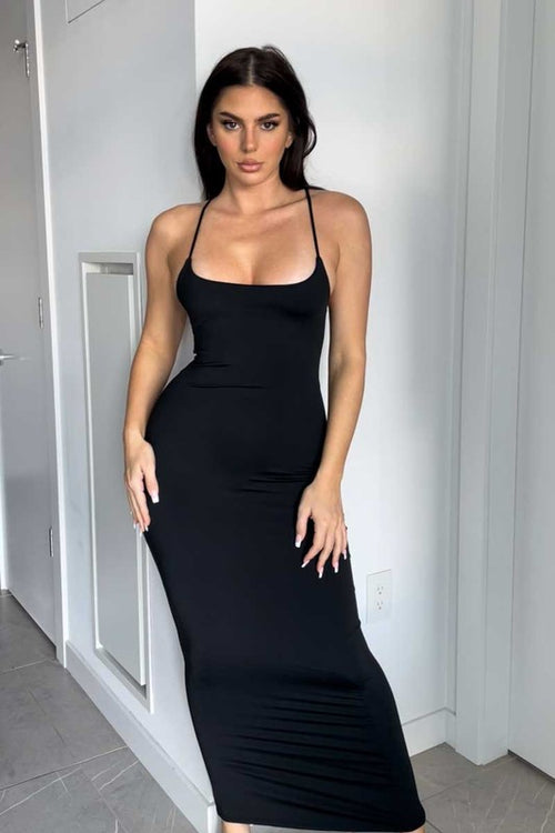 Deena Cami Low Neckline Bodycon Maxi Dress - Black