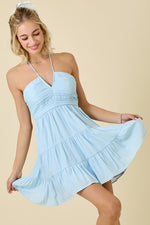 Giselle Ruched V-Halter Mini Dress - Sky Blue