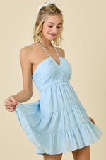 Giselle Ruched V-Halter Mini Dress - Sky Blue