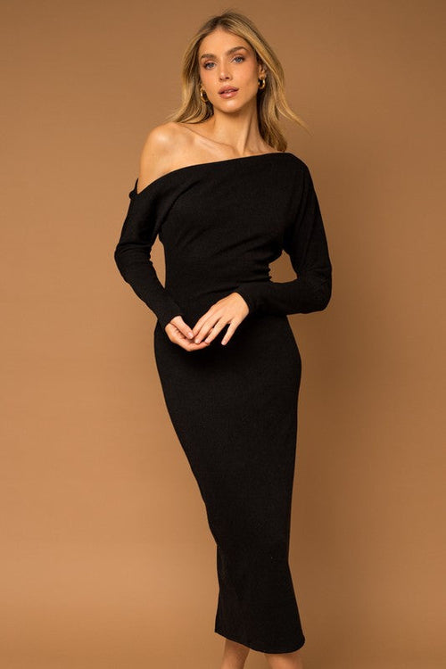 Verro Long-sleeve One Shoulder Midi Dress - Black