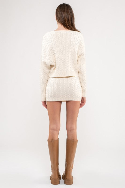 Jules Cable Knit Sweater Top And Mini Skirt Set - Ivory