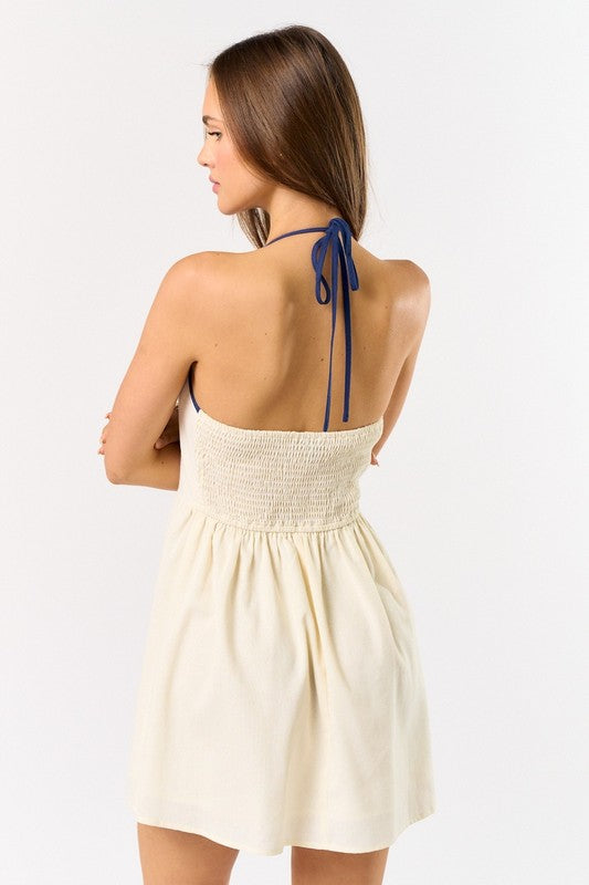 Marion Linen Shell Embroidered Halter Mini Dress