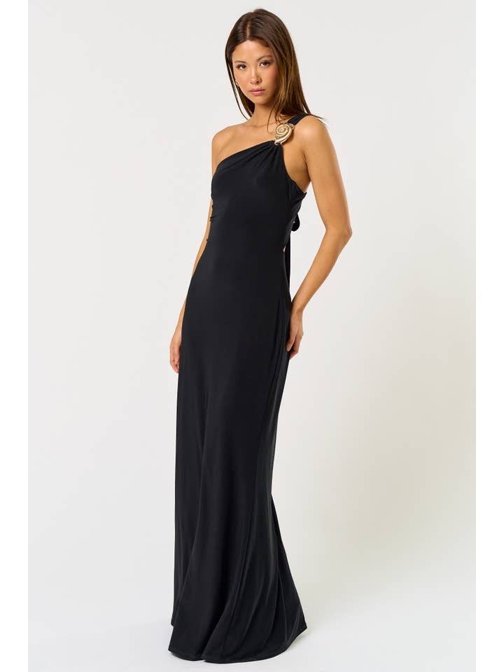 Nelinda One Shoulder Tie Back Shell Embellished Maxi Dress - Black